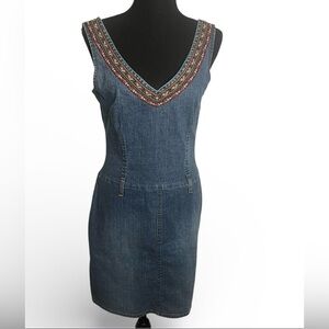 Sfuzi Y2K Denim V Neck Dress Size 9 Embellished Bodycon Boho Festival Mini